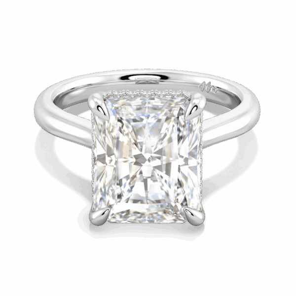 Primrose Radiant 11X9 Front White Gold Moissanite Petal Basket Underrail Accented Bridge Engagement Ring