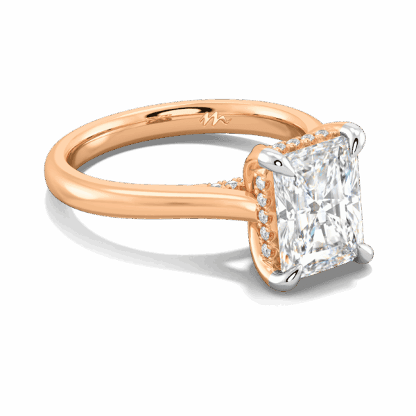 Primrose Radiant 9X7 Angled Rose Gold Moissanite Petal Basket Underrail Accented Bridge Engagement Ring