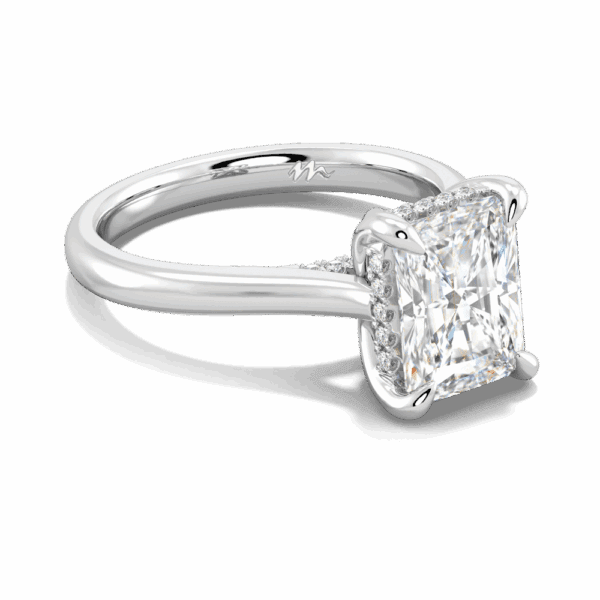 Primrose Radiant 9X7 Angled White Gold Moissanite Petal Basket Underrail Accented Bridge Engagement Ring