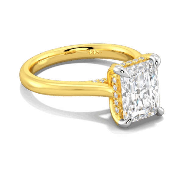 Primrose Radiant 9X7 Angled Yellow Gold Moissanite Petal Basket Underrail Accented Bridge Engagement Ring