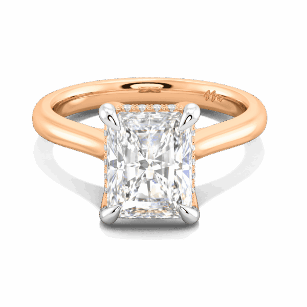 Primrose Radiant 9X7 Front Rose Gold Moissanite Petal Basket Underrail Accented Bridge Engagement Ring