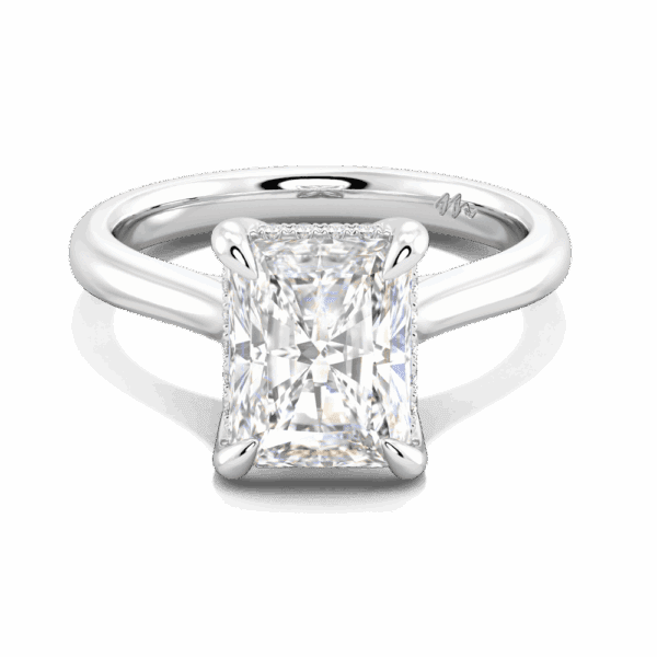 Primrose Radiant 9X7 Front White Gold Moissanite Petal Basket Underrail Accented Bridge Engagement Ring