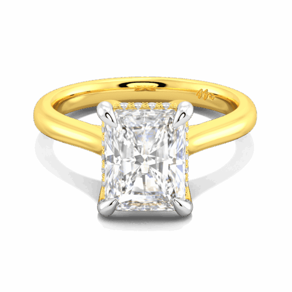 Primrose Radiant 9X7 Front Yellow Gold Moissanite Petal Basket Underrail Accented Bridge Engagement Ring