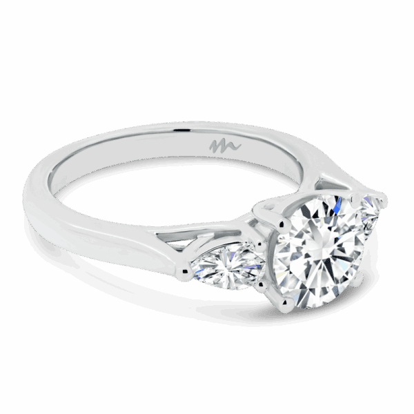 Tara Round 7 5 Angled White Gold Moissanite Pear Side Stones Crossover Gallery Trilogy Ring