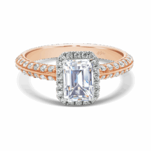 Arianne Emerald Front Rose Gold Moissanite Knife Edge Pave Set Halo Ring