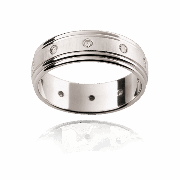D44 7mm yellow gold mens wedding ring with raised centre inlay double step edge and 10 round diamonds