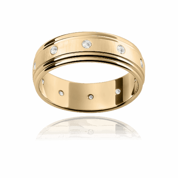 D44 7Mm Yellow Gold Mens Wedding Ring With Raised Centre Inlay Double Step Edge And 10 Round Diamonds