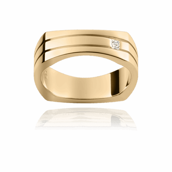 D57E 9mm yellow gold mens wedding band with princess cut diamond and horizontal grooves