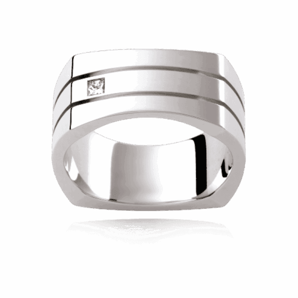 D57E 9Mm White Gold Mens Wedding Band With Princess Cut Diamond And Horizontal Grooves