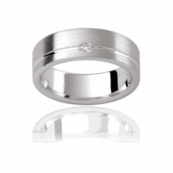 D94 7Mm White Gold Flat Mens Wedding Band With Offset Groove And Round Diamond