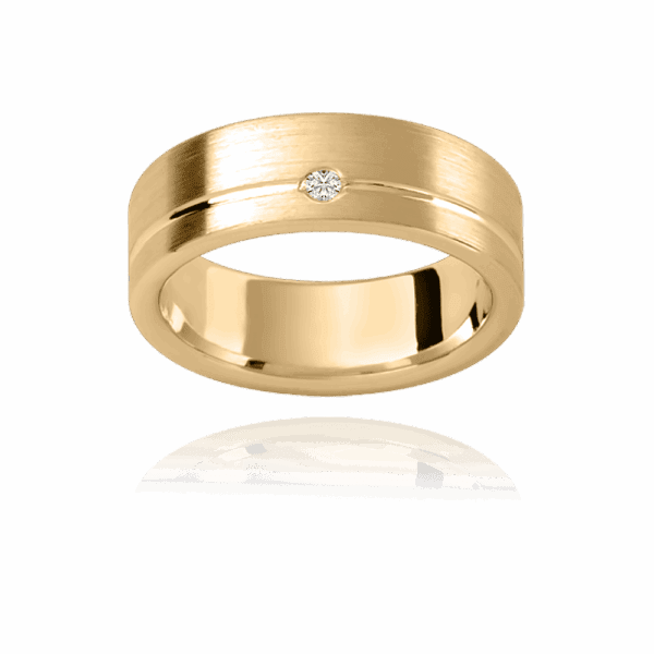 D94 7mm white gold flat mens wedding band with offset groove and round diamond