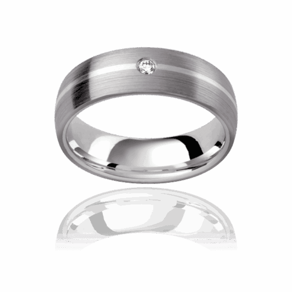 Model wears DC104D 6mm dual tone white gold mens wedding band with round diamond