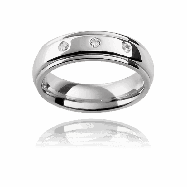 DC33 6mm semi round mens wedding band with 3 round diamonds in raised centre two tone