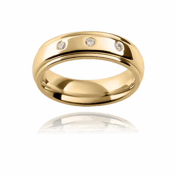 Dc33 6Mm Yellow Gold Semi Round Mens Wedding Band With 3 Round Diamonds In Raised Centre Two Tone