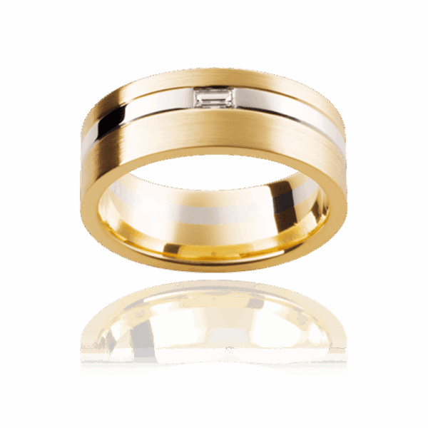 Model wears DJ61 7mm white gold flat band with baguette diamond wedding bands for men