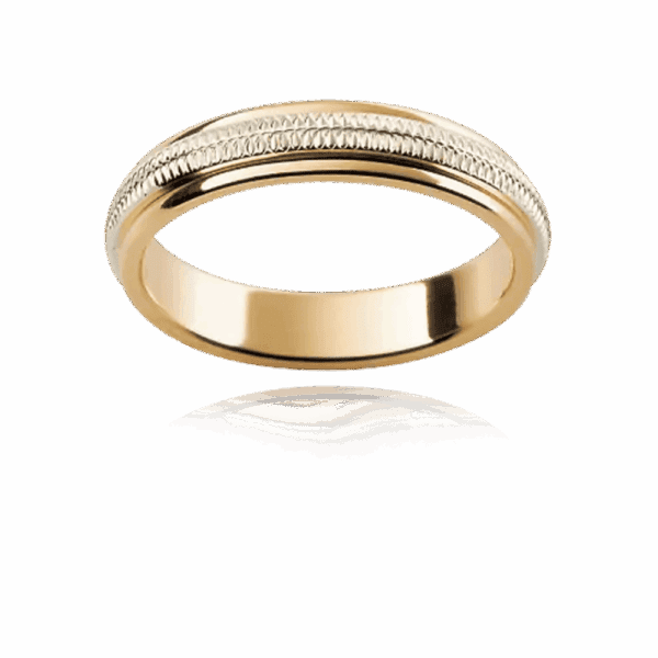 F100M 4Mm Two Tone 18K Gold Linked Ring Motif Engraved Outer Edges Patterned Mens Wedding Band