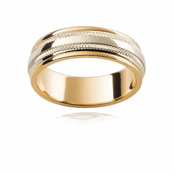 F100M 6Mm Two Tone 18K Gold Linked Ring Motif Engraved Outer Edges Patterned Mens Wedding Band