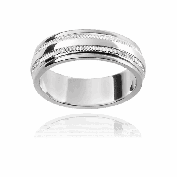 F100M 6Mm White Gold Linked Ring Motif Engraved Outer Edges Patterned Mens Wedding Band
