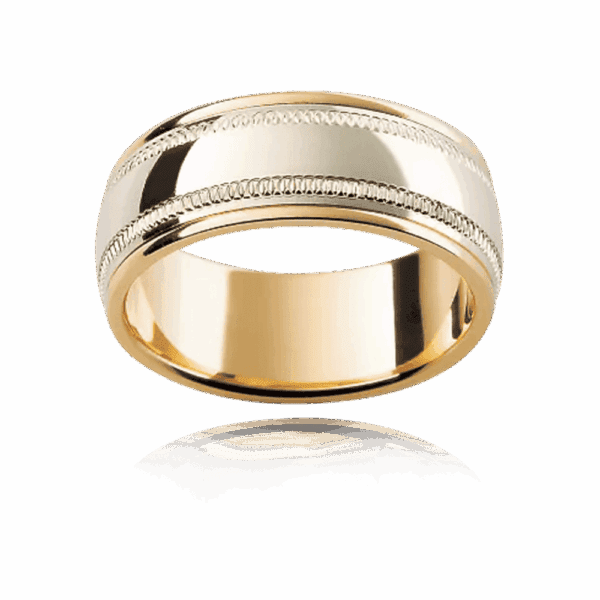 F100M 8Mm Two Tone 18K Gold Linked Ring Motif Engraved Outer Edges Patterned Mens Wedding Band