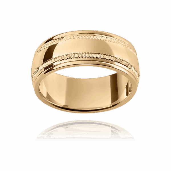 F100M 8mm two tone 18k gold linked ring motif engraved outer edges patterned mens wedding band