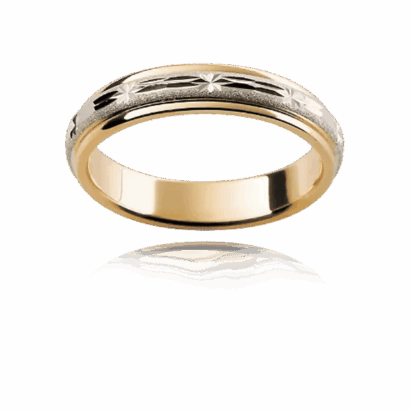 F10M 4Mm Two Tone 18K Gold Star Dash Design Diamond Cut Specialty Finish Mens Wedding Band