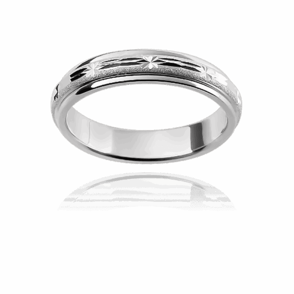 F10M 4Mm White Gold Star Dash Design Diamond Cut Specialty Finish Mens Wedding Band