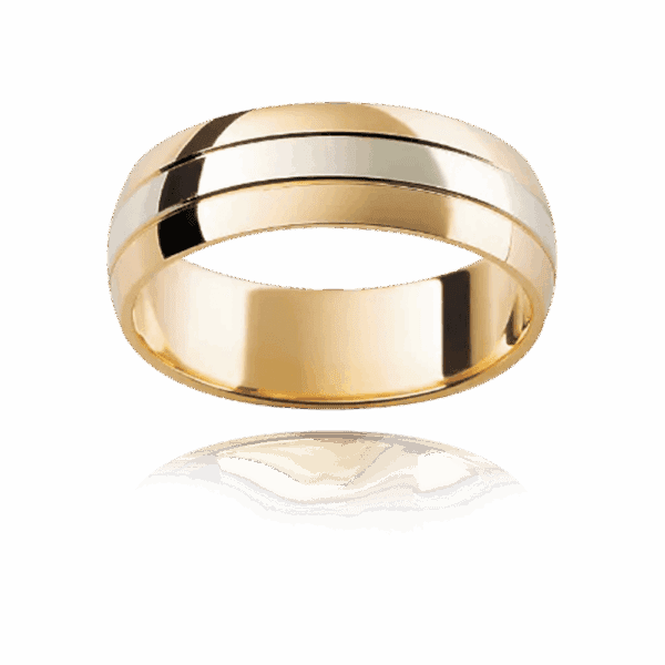 F11 6Mm Two Tone 18K Gold Soft Profiled Fine Groove Divided Mens Wedding Band
