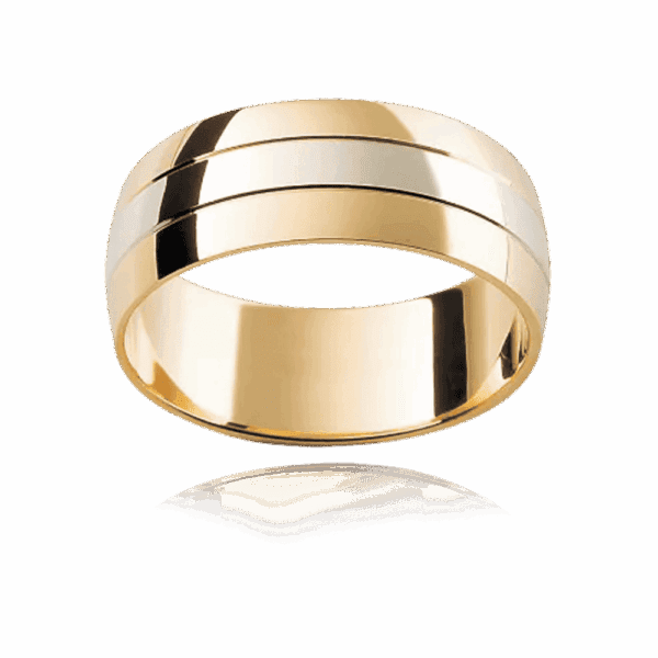 Model wears F11 6mm two tone 18k gold soft profiled fine groove divided mens wedding band