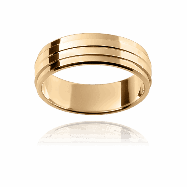 F112 6Mm Yellow Gold Polished Groove Centre Panel Wedding Bands For Men