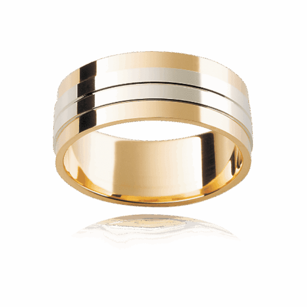 F112 8Mm Two Tone 18K Gold Polished Groove Centre Panel Wedding Bands For Men