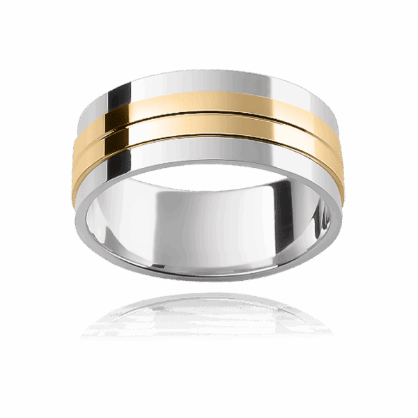F112 8mm two tone 18k gold polished groove centre panel wedding bands for men