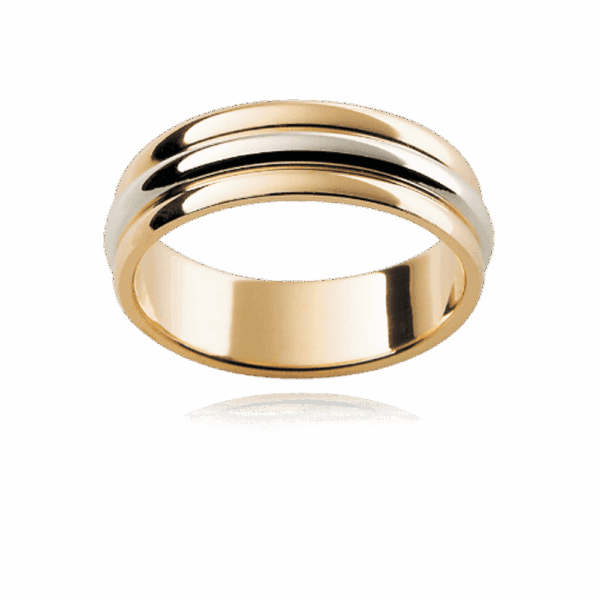 F113 6Mm Two Tone 18K Gold Flat Profile Three Sections Centre Panel Rounded Mens Wedding Ring