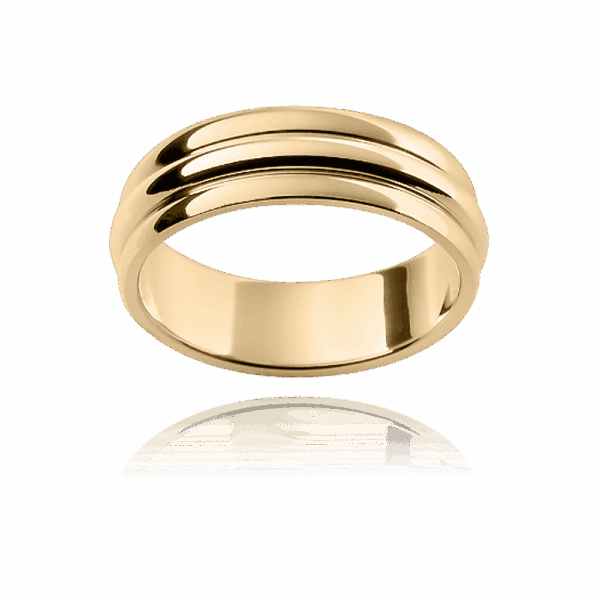 F113 6Mm Yellow Gold Flat Profile Three Sections Centre Panel Rounded Mens Wedding Ring