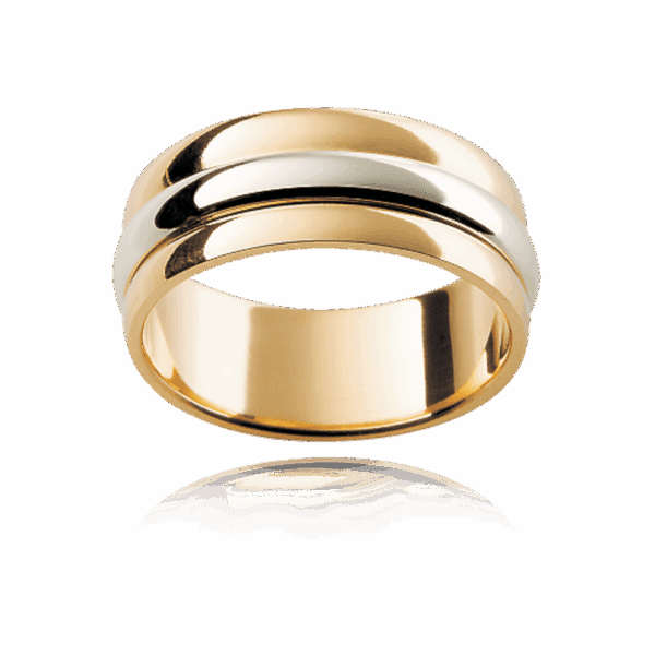 F113 8Mm Two Tone 18K Gold Flat Profile Three Sections Centre Panel Rounded Mens Wedding Ring