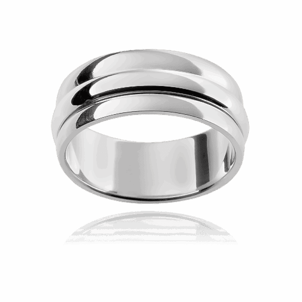 F113 8mm two tone 18k gold flat profile three sections centre panel rounded mens wedding ring