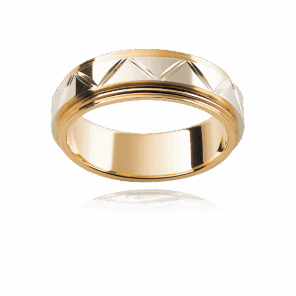 F115M 6Mm Two Tone 18K Gold Geometric Engraving Double Step Border Wedding Rings For Men