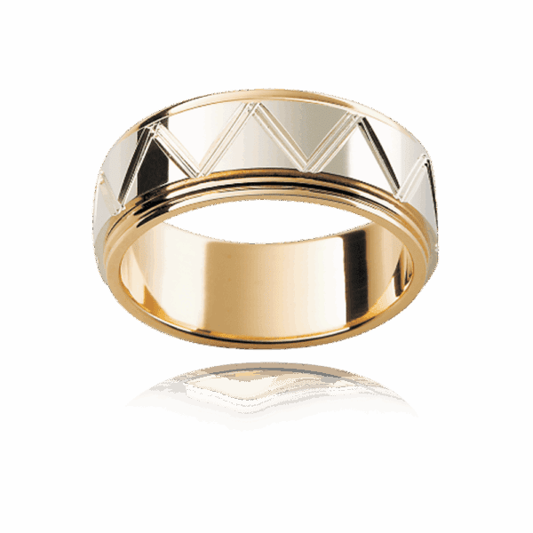 F115M 8Mm Two Tone 18K Gold Geometric Engraving Double Step Border Wedding Rings For Men