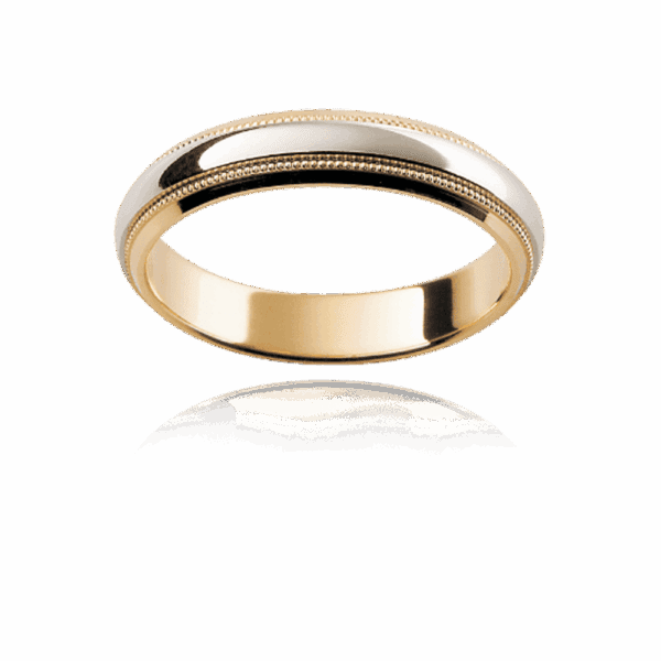 F117 4Mm 18K Gold Patterned Two Tone Semi Rounded Band Beveled Edge Milgrain Trim Wedding Ring