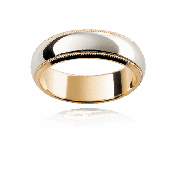 F117 6Mm 18K Gold Patterned Two Tone Semi Rounded Band Beveled Edge Milgrain Trim Wedding Ring