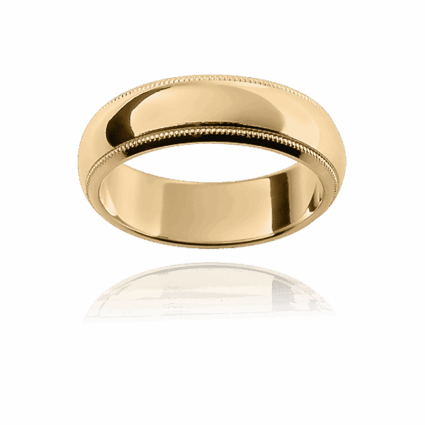 F117 6Mm Yellow Gold Semi Rounded Band Beveled Edge Milgrain Trim Wedding Ring