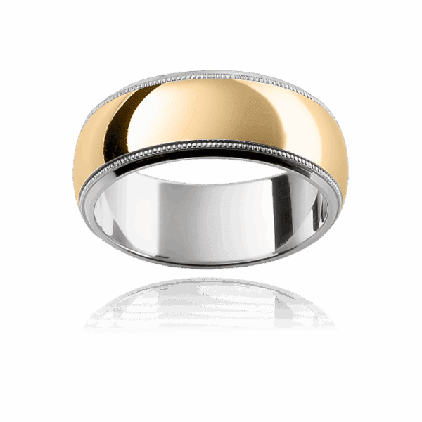 F117 8mm 18k gold patterned two tone semi rounded band beveled edge milgrain trim wedding ring