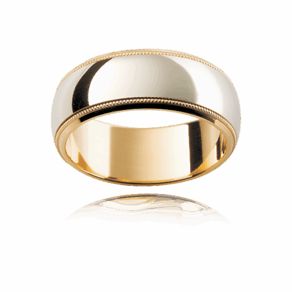 F117 8Mm 18K Gold Patterned Two Tone Semi Rounded Band Beveled Edge Milgrain Trim Wedding Ring
