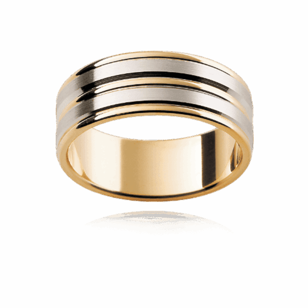 F128 8mm two tone alternating 18k gold flat beveled edge two equal sections centre piece wedding bands for men
