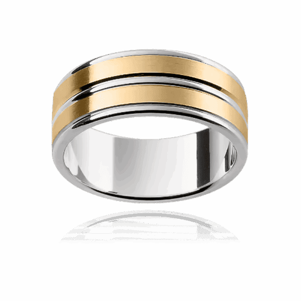Model wears F128 7mm two tone 18k gold flat beveled edge two equal sections centre piece wedding bands for men