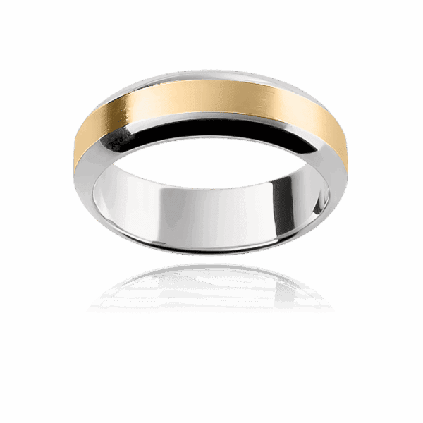 F136 6Mm 18K Flat Centre Section Two Tone Alternating Beveled Edge Mens Wedding Band