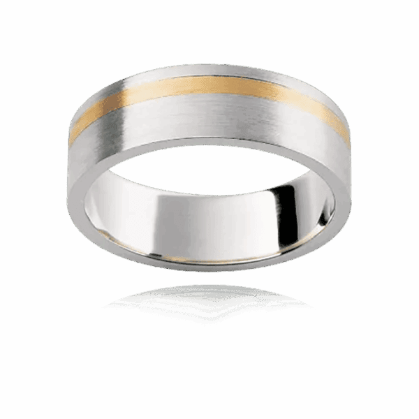 F137 6Mm Two Tone Platinum 18K Gold Flat Profile Offset Contrast Strip Wedding Bands For Men