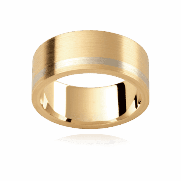 Model wears F137 8mm two tone alternating 18k gold flat profile offset contrast strip wedding bands for men