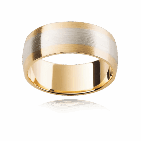 Model wears F138 6mm two tone 18k gold semi rounded contrast center mens wedding band