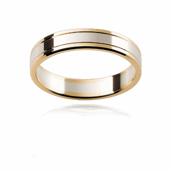 F141 4Mm Two Tone 18K Gold Flat Grooved Beveled Edge Wedding Rings For Men