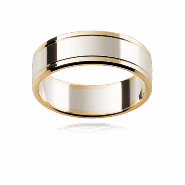 F141 6Mm Two Tone 18K Gold Flat Grooved Beveled Edge Wedding Rings For Men